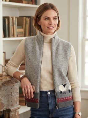 Woolrich Vintage 100% Lambswool Full Zip Sweater Vest Gray Sheep Fair Isle XL⁠